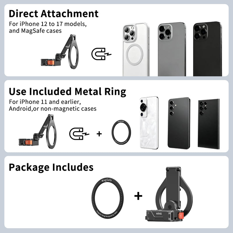 VRIG Magnetic Mount Stand for DJI Osmo Pocket 3/4/ 4P/ Xtra Muse | Camera Frame Expansion Phone Holder with 1/4 Thread and Cold Shoe, 180/270/360° Adjustment Magsafe Adapter Xtra Accessories