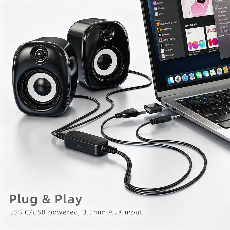 Uakinat Basic Desktop Computer with Computer 2.0 Speakers, 2 × 3W, Plug-and-Play, USB Powered with a 3.5mm aux.