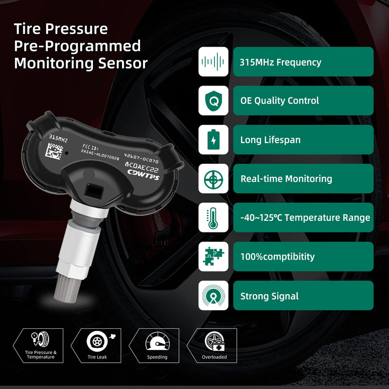 CDWTPS TPMS Sensor fit for Toyota Sienna 2007-2020, Sequoia 2008-2017, Tundra 2007-2017,4pcs 315MHz Tire Pressure Monitor System OE# 4260708010 426070C050 426070C060 426070C070 426070C080
