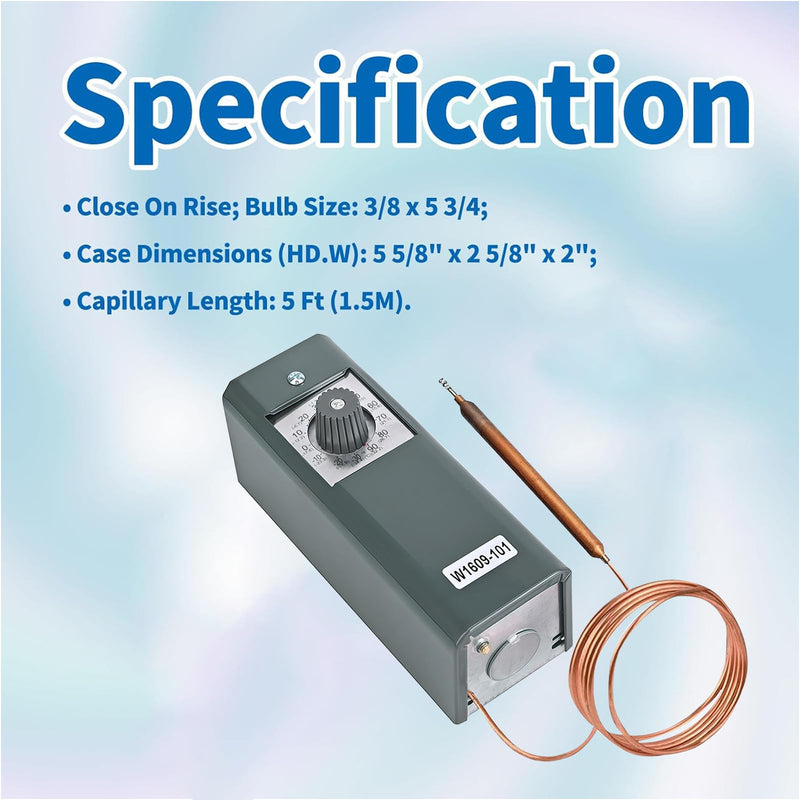 W1609-101 / TH-1609 Remote Temperature Thermostat Refrigeration Controller, 5-Foot Capillary Tube, Temperature Control Range -30°F /-34°C to 90°F /32°C