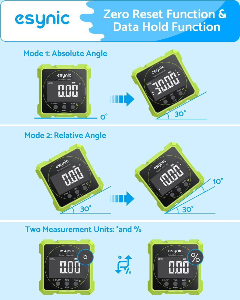 eSynic Rugged Digital Angle Finder with Laser-Type-C Rechargeable Digital Inclinometer-Waterpoof-4-Sides Magnetic Angle Gauge-Clear LCD Display for Construction (Laser Level: Class II Output: 0.51mW)