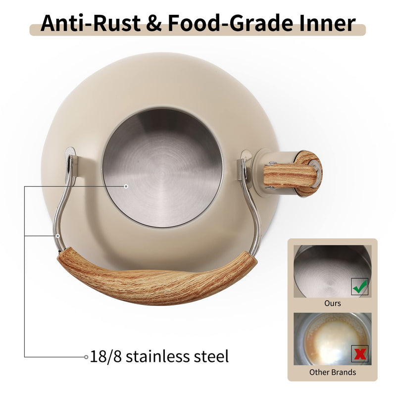 LONFFERY Tea Kettle for Stove Top, 2.5 Quart Whistling Tea Kettle, with Food Grade Stainless Steel and Wood Pattern Folding Handle, Creamy White Creamy White - 2.5 QT