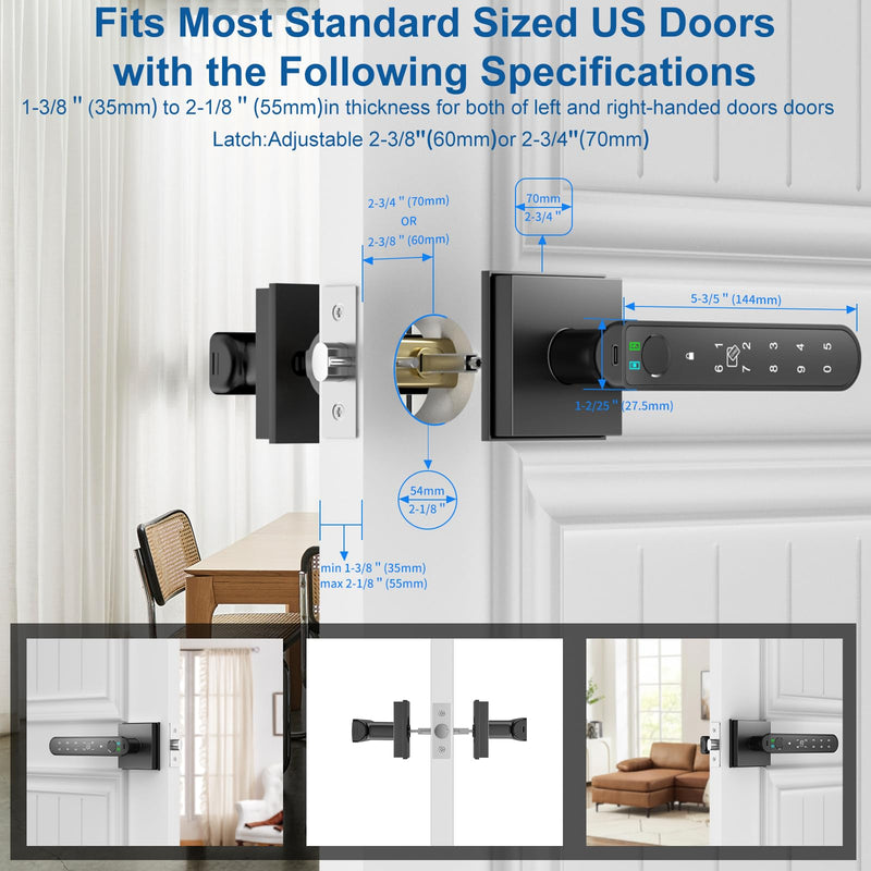 Foxgard Smart Fingerprint Door Lock:Fingerprint Door Knob-Biometric 5-in-1 Finger Print Door Lock-Thumb Print Door Knob for Bedroom-APP Control-Easy Installation–Square Black–1 Pack Modern