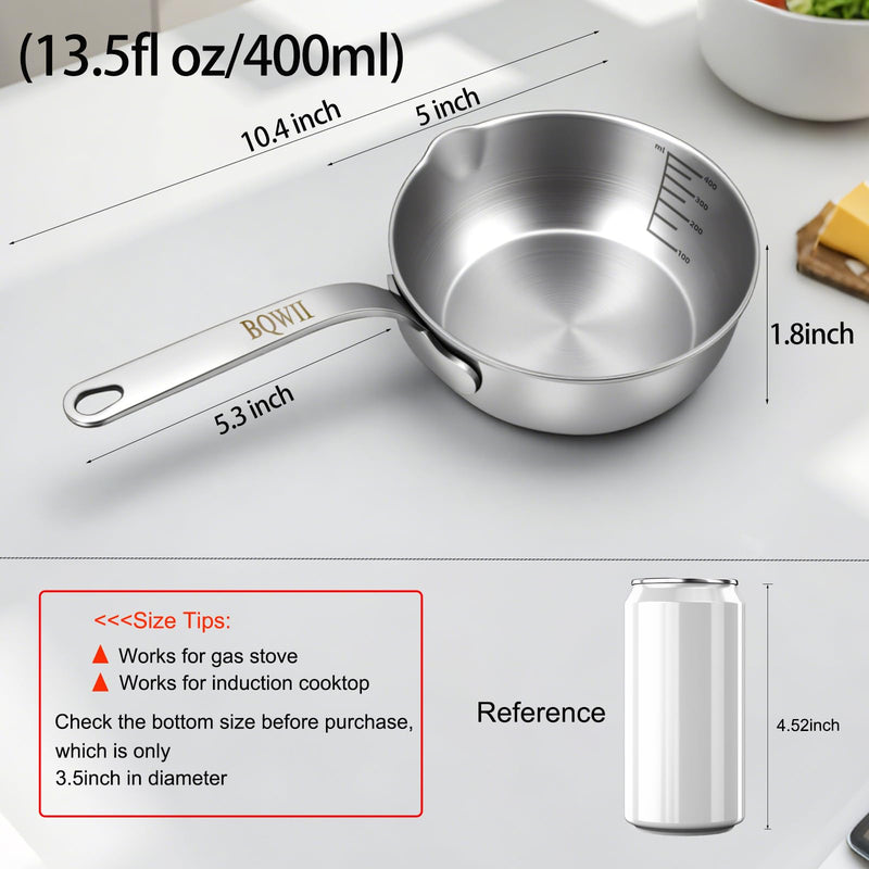 18/10 Stainless Steel Butter Warmer, 13.5 fl oz (400ml), Ideal for Heating Milk, Butter, Sauces, Baby Food, Coffee, Chocolate, Egg Pan, Compatible with Induction & Gas Stovetops