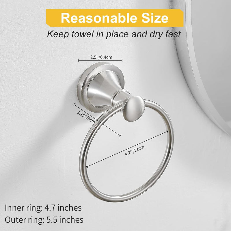 BESy Brushed Nickel Bathroom Hand Towel Ring Towel Holder, Rustproof Wall Mounted Bathroom Hardware Accessory SUS 304 Stainless Steel Towel Rack