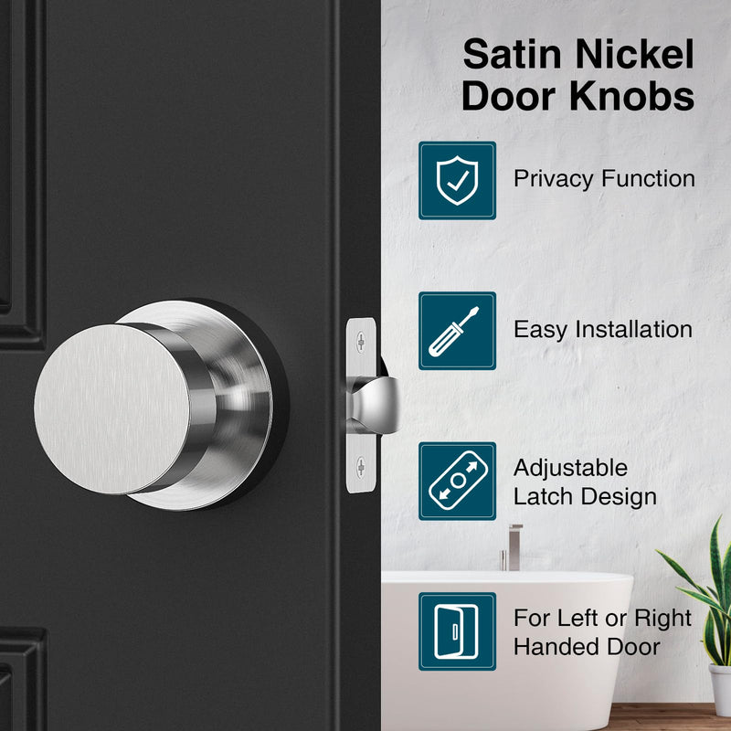 Brushed Nickel Door Knobs, Privacy Satin Nickel Door Knob, Silver Modern Door Knobs Interior, Round Door Handle for Bedroom, Bathroom, Study, Office 1