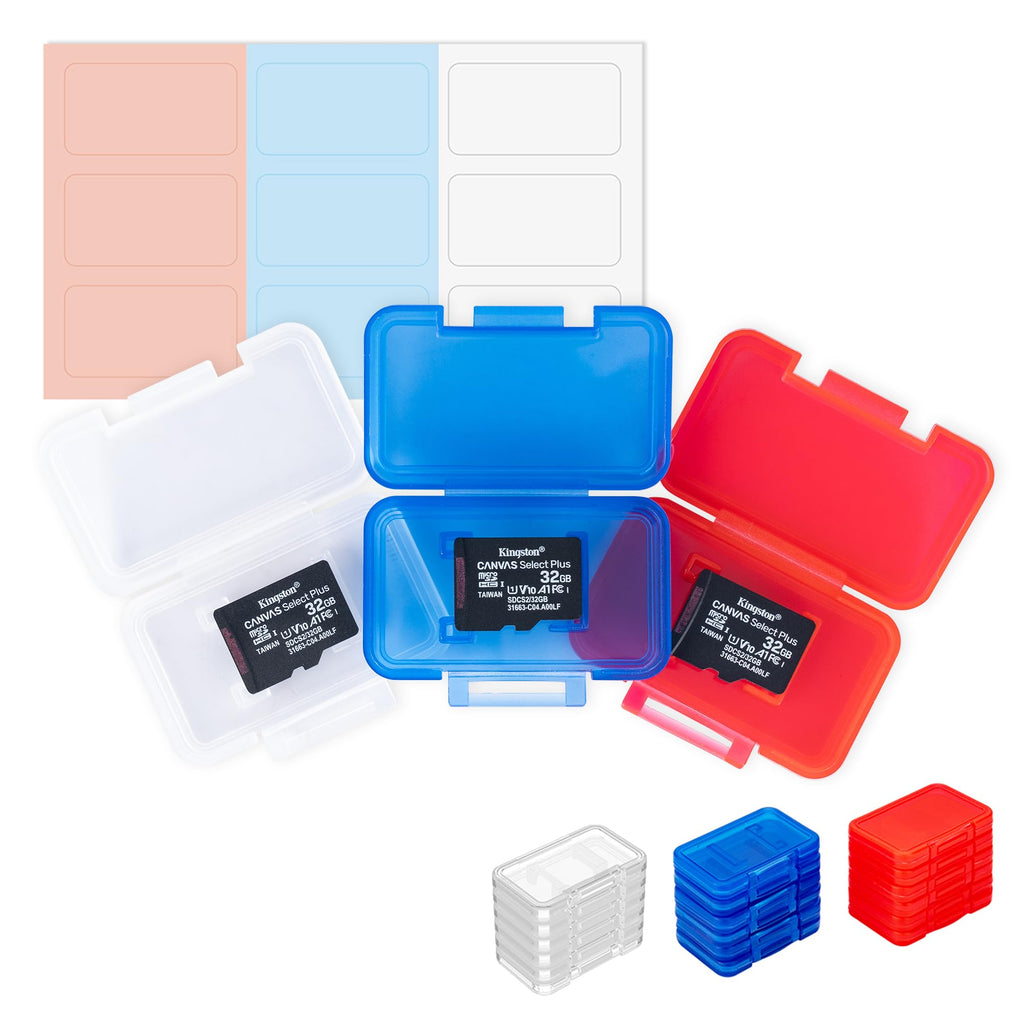 Kiorafoto 18 PCS Multi-Color Clear Plastic Memory Card Holder Case for 18 Micro SD SDXC SDHC TF Cards, Transparent MicroSD MSD Memory Card Case Storage Organizer with Labels for 18 Micro SD（Clear）