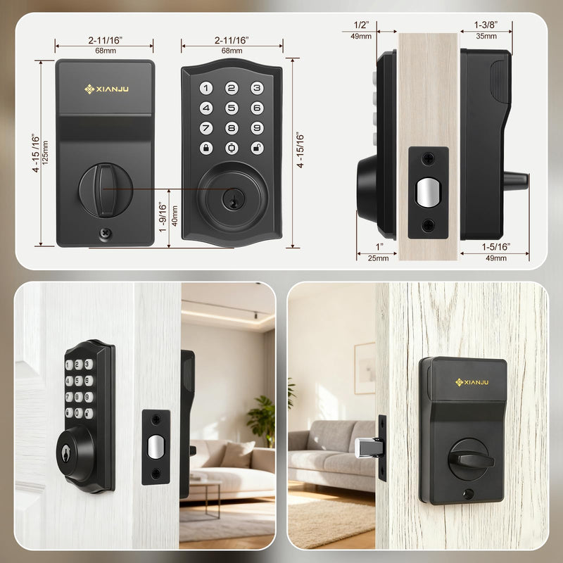 Keyless Entry Door Lock with Keypad, Auto Lock, Voice Prompt, Smart Deadbolt Lock for Front Door with Key, Matte Black – Easy Installation, IP55 Waterproof