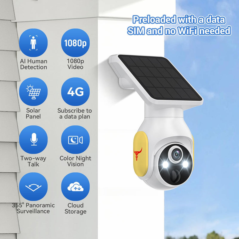 4G LTE Cellular Security Camera, SIM Card Included, No WiFi Needed, AI Motion Detection, Pan Tilt, 2-Way Talk, Night Vision, Works with Verizon/AT&T/T-Mobile 4G