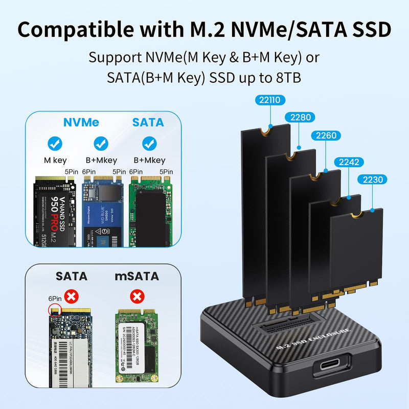 M.2 NVMe & SATA to USB Adapter - USB 3.2 Gen 2 10Gbps External SSD Enclosure, Aluminium Alloy Housing, Supports M.2 (M Key) NVMe & (B+M Key) SATA SSDs, Plug and Play External Storage Solution
