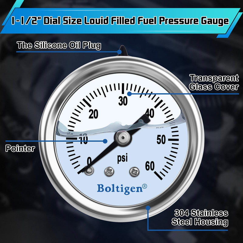 Boltigen Fuel Pressure Gauge, 3/8'' Barb Fuel Pressure Gauge Kit, 0-60psi Glycerin Filled Fuel Pressure Regulator with Gauge for Car, 1/8'' NPT Inline Fuel Pressure Guage with 1/4'' 3/8'' Converter