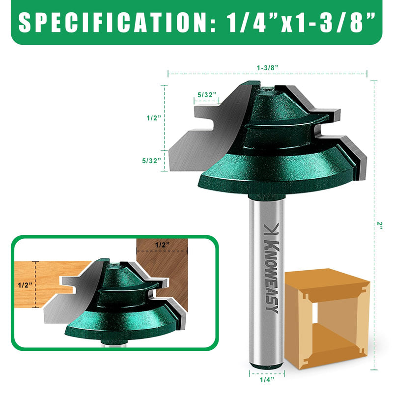 Knoweasy 45 Degree Lock Miter Router Bit Set with 1/4 Inch Shank, 3-Piece for Woodworking Projects, Includes 1/2, 5/8 and 3/4 Inch Cutting Heights, Precision Joinery Tool for Strong Miter Joints