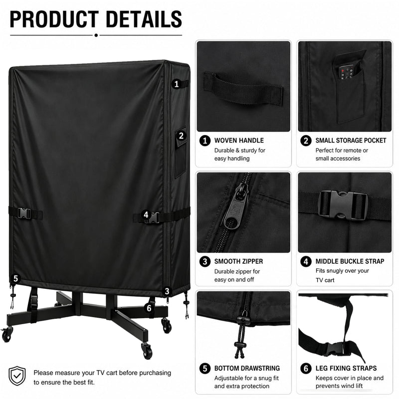 Outdoor TV Cart Cover, 48”L × 15.7”W × 57”H, Fits Most 45–50 Inch Rolling TV Stands, Heavy Duty Waterproof Oxford Cover with Dual Waterproof Zippers, 4 Windproof Buckle Straps & Drawstring 48"L × 15.7"W × 57"H