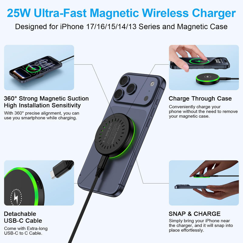 25W Samsung Wireless Charger Fast Charging for Samsung Galaxy Z Fold/Flip8 | Magnetic Magsafe Wireless Charger Pad Station for Galaxy S26 Ultra S26Plus S25 Edge S24FE S23,Google Pixel 10Pro 9A,iPhone 17 1black