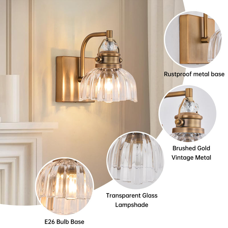 Brass Vanity Light with Clear Glass Shade - Single Bulb Wall Sconce, Bathroom Light, Vintage Bathroom Fixture (L 5.91 in. x W 7.87 in. x H 7.87 in., Bulb not Included) Brass 1-light