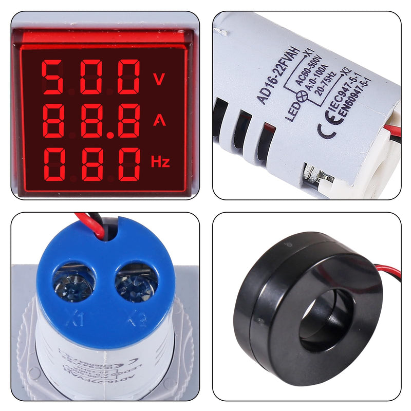3PCS Square LED Digital Voltmeter Ammeter Hertz Meter AC20-500V Signal Lights Voltage Current Frequency Combo Meter Indicator Tester with CT（White+Blue+Red） White+Blue+Red