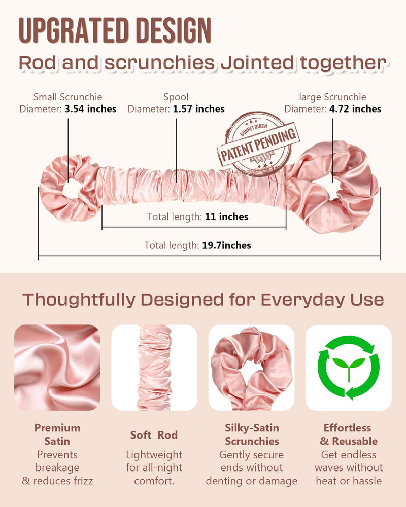 BONNET QUEEN Large Satin Heatless Curlers for Long Thick Hair, Heatless Curls Overnight, No Heat Hair Styling Rod with Built-in Scrunchie, Multi-Use Sleepy Tie for Soft Waves, Cream Pink 1 count (Pack of 1)