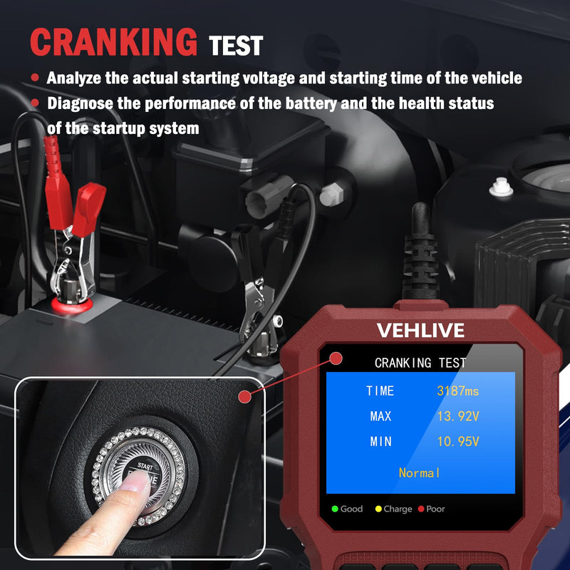 Car Battery Tester 6V 12V 24V with Lithium Battery Testing, BT911 5-3000CCA Automotive 12V&24V Dual Circuit Testing, Load/Alternator Tester, Charging Cranking System Tester for All Car Motorcycle Boat Light Red