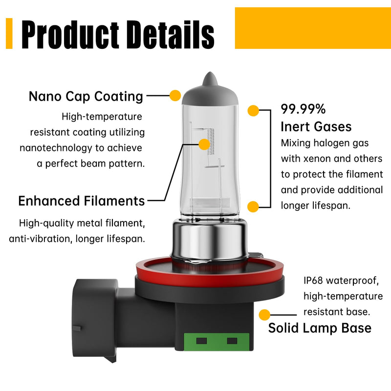 H11 Headlight Bulbs, 12V 55W, 4000 Lumens, 3800K, Halogen Light Bulbs, No Glare, Headlight Bulbs High and Low Beam, Fog Light Bulb,Head Light Bulb for Car, Pack of 2 H8/9/11