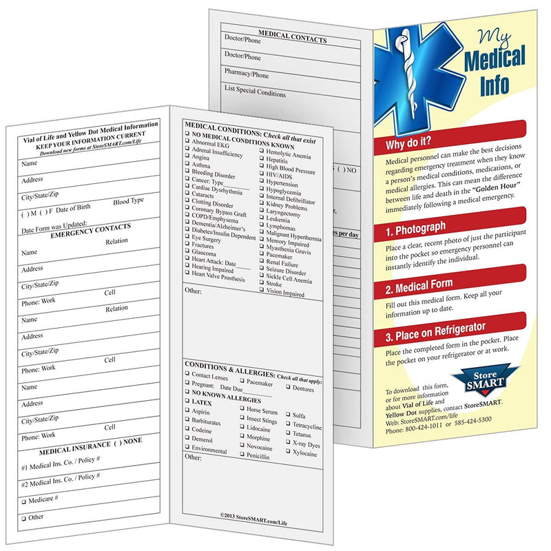 STORE SMART - Vial of Life Medical Info Pocket - Magnetic Back - 5-Pack - for Refrigerator, Locker, Filing cabinets - VHTSM-5
