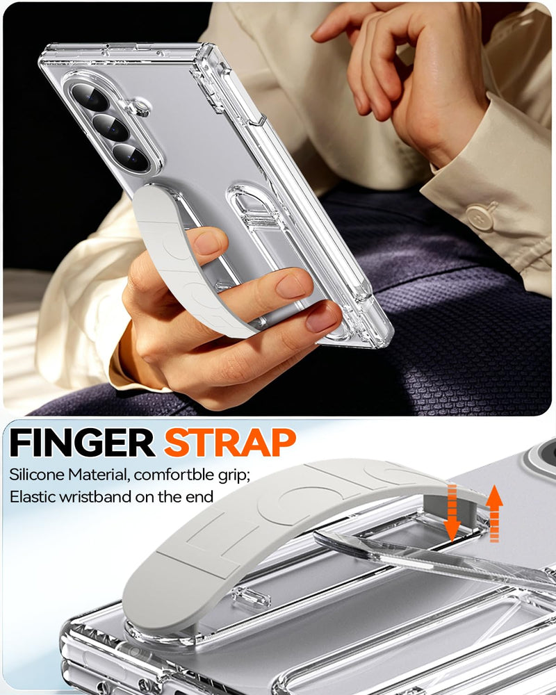 Finger Strap for Samsung Galaxy Z Fold 8 Ultra Case with S Pen Holder & Stylus, Full Coverage Hinge Protection Screen Protector Kickstand Hand Holder Grip Cover Case for Z Fold 8 Ultra Clear