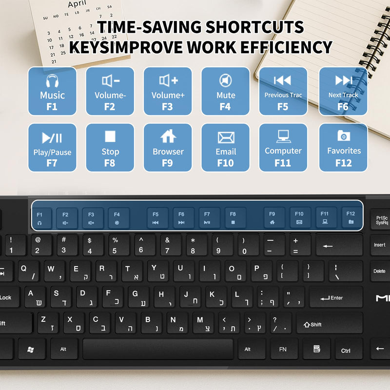 Hebrew English Keyboard USB Wired - 104 Keys Full-Size Laser Letter | Bilingual Keyboard(Not Fading Character) with Number Pad for PC Desktop Computer - for Hebrew Speakers, Jewish School