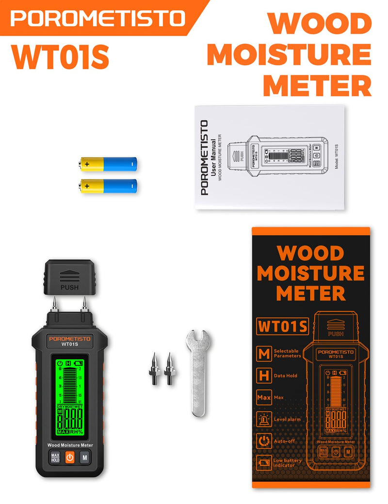 5 in 1 Moisture Meter, POROMETISTO 5 Modes Wood Moisture Meter with Three-Color Backlight, Data Hold & Max Measurement, Ideal for Wood (Oak/Pine/Walnut) and Building Materials
