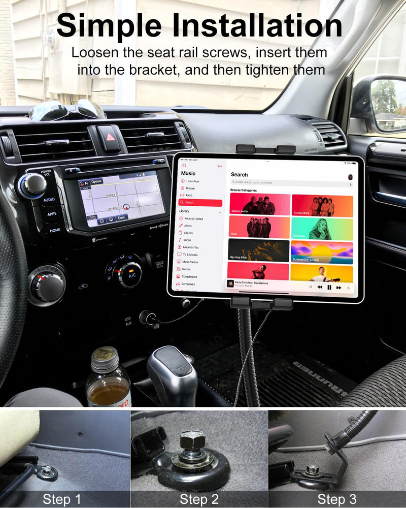 Car Seat Rail Tablet Mount, Heavy Duty Truck Floor Seat Bolt Tablet Holder with Gooseneck Arm for iPad Pro 12.9 11 Air Mini, iPhone, Galaxy Tabs, Z Fold, Fire, More 4-13" Cell Phones and Tablets