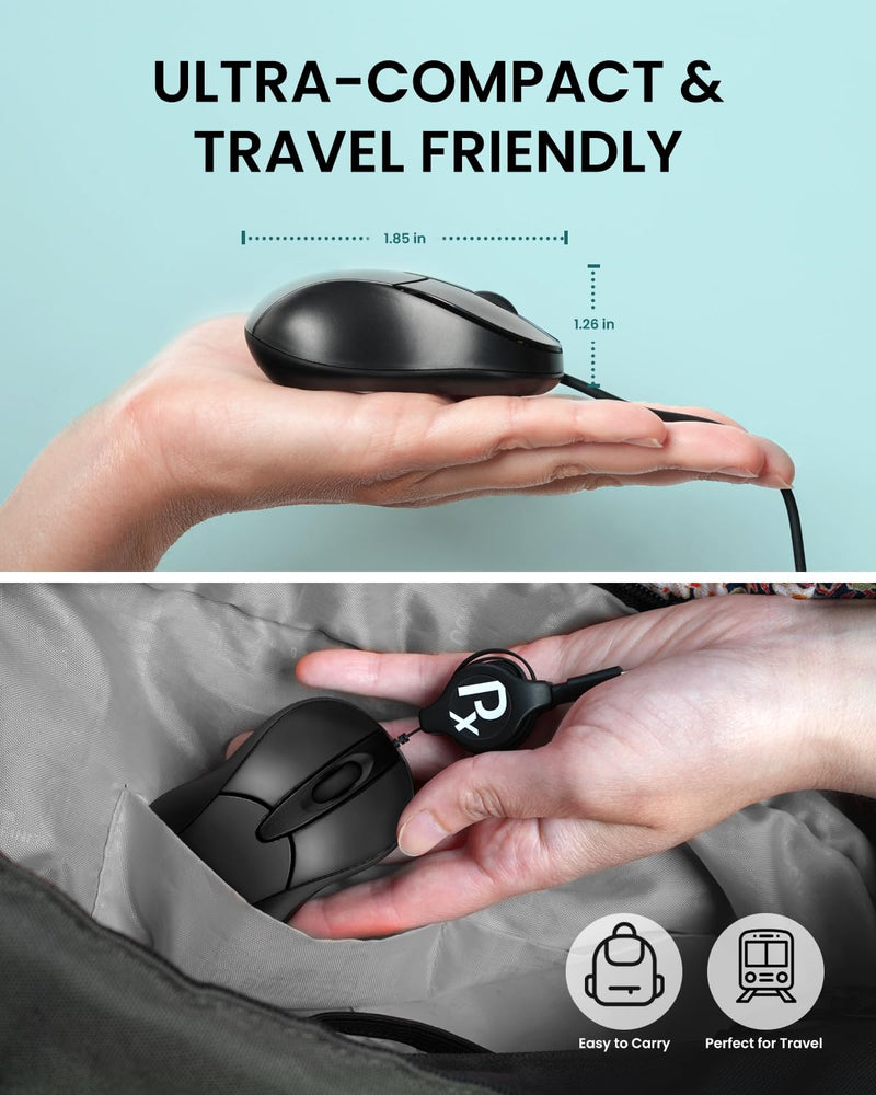 Perixx PERIMICE-405CR Wired Portable USB-C Mouse - Retractable 2.5ft USB-C Cable for Laptop, Tablet, or Smartphone - Silent Click - Black