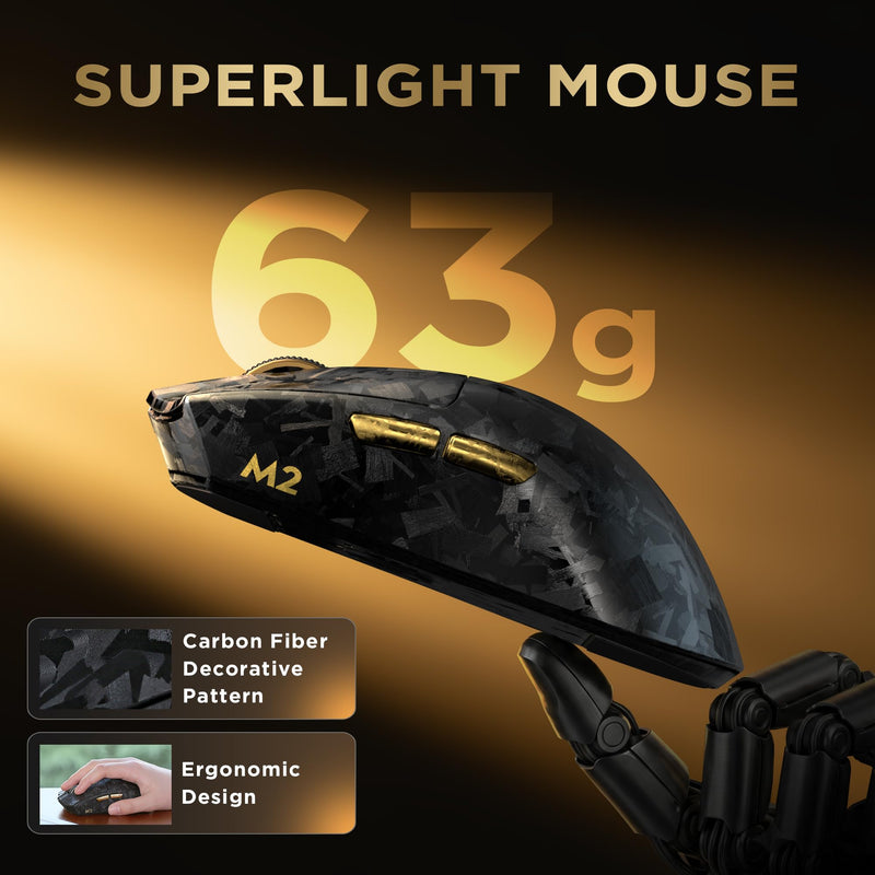 YUNZII M2 Dual 8K Wireless Gaming Mouse, PAW3395, 6-Level DPI(Black) | Carbon Fiber Decorative Pattern,Up to 30000 DPI,63g Ultra-Lightweight,Software and Web customization,Wired/BT/2.4GHz,500mAh Black