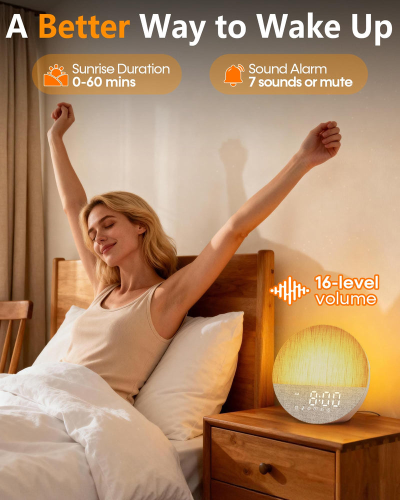 Sunrise Alarm Clock with Sound Machine: Gentle Gradual Wake Up Light for Heavy Sleepers Relieve Anxiety Dimmable Clock with Bluetooth Memory for Bedroom - White Noise Machine with 30 Sleep Sounds 6.5*4.6*6.2 Inch