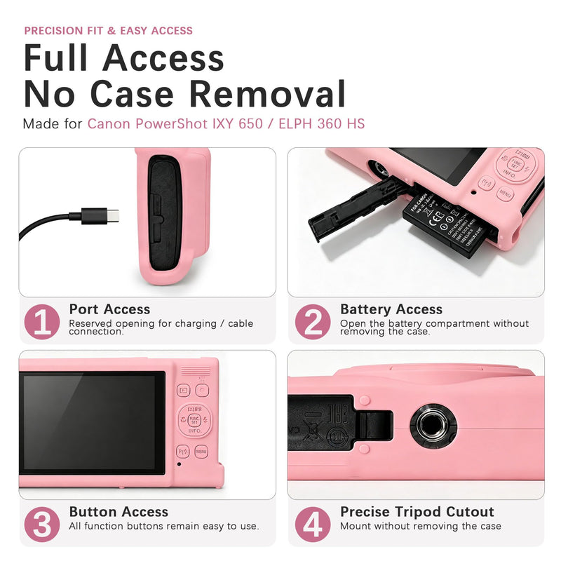 Case for Canon PowerShot ELPH 360 HS A/360 HS/360/650 Digital Camera | Canon PowerShot ELPH 360 HS A/ 360 HS/ 360/ XY 650 Hard Carrying Case + Soft Silicone Cover with Removable Lens Cover, Pink