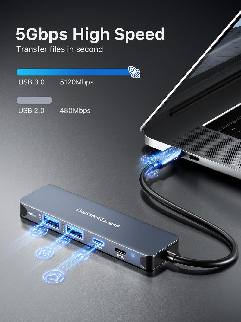 USB-C Hub 5-in-1 with 4K HDMI, 100W Power Delivery, 5Gbps USB-C Data Port and 2 5Gbps USB-A Data Ports for MacBook Pro/Air, iPad Pro/Air, Dell XPS Dual C port 5 IN 1