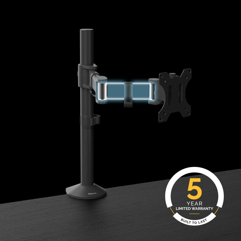 Fellowes Reflex Series Adjustable Monitor Arm for Desk, Supports 32-Inch Monitors, Ergonomic Single Monitor Stand with VESA Mount, Easy Setup with Grommet or Clamp, 8502501-Black