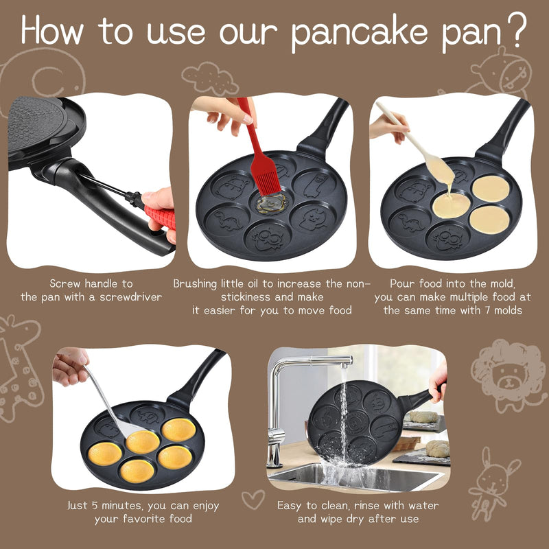 Pancake Maker Egg Frying Pan Suitable for All Stovetops & Induction Cooker, 10.5 Inch Animal Pancake Pan, 7 Molds Pancake Maker with PFOA Free Coating Black