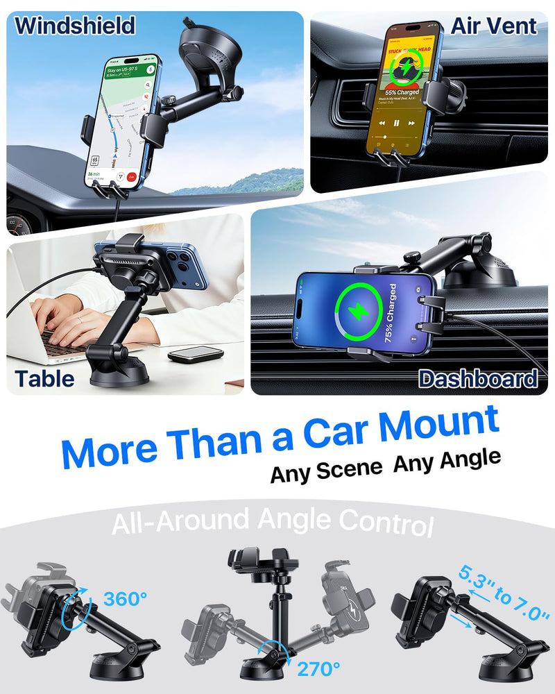 YRU 【Auto-Clamping & 90+LBS Strong Suction 15W Wireless Car Charger Mount | 【Military-Grade & Safety Certs】 Fast Charging Car Phone Holder, Windshield Dashboard Vent Cradle for iPhone 17 16 Pro, Black Dark Black