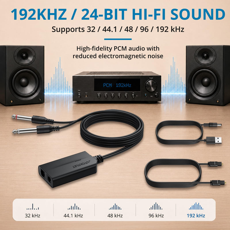 AUTOUTLET Optical to Dual 6.35mm Converter, 192kHz Toslink SPDIF to Dual 1/4" Male Stereo Analog Audio Adapter with Integrated Cable and Optical Cable for Amplifier, Powered Speaker, Mixer