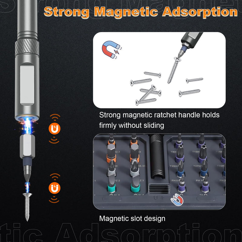 42 In 1 Magnetic Screwdriver Set, Ratcheting Screwdriver Set with Detachable Handle, Multi Magnetic Bits, Portable Repair Tools for DIY, PC, Electronics, Car, Bicycle(Grey) Grey