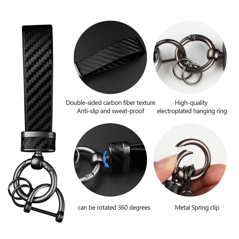 Turcee Leather Car Keychain - Carbon Fiber Interior Key Fob with Anti-Lost D-Ring - Car Accessory Key Ring (Black) Black
