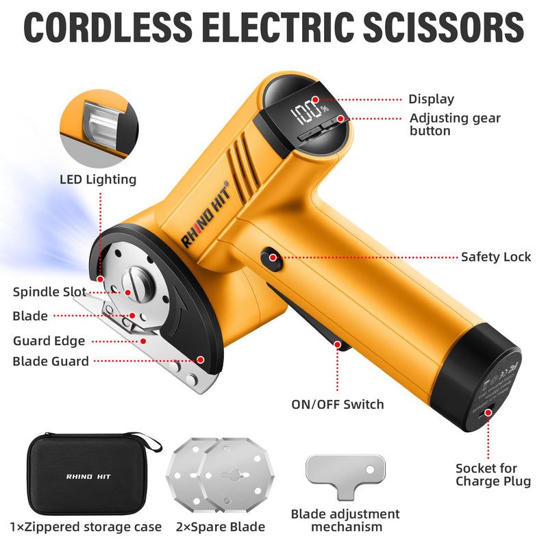 Cordless Electric Scissors, Rechargeable Rotary Cardboard Cutter with LED Light & Safety Lock, 4-Speed Adjustable, 3 Blades for Fabric, Carpet, Leather & Carton, with Storage Case(yellow) Yellow