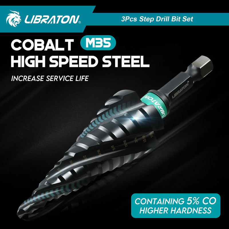 LIBRATON Four Spiral Flute Step Drill Bit, M35 Cobalt Unibit Step Drill Bit Set 1/8"-7/8", AlTiN Coated Step Bits, Four Spiral Flute, 1/4" Hex Shank for Metal, Stainless Steel, Aluminum, Plastic, 3PCS 1/8" - 7/8" (3pcs Set)