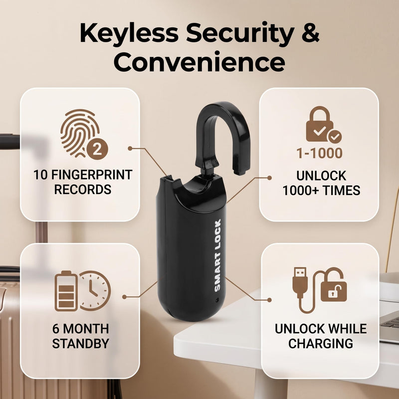 Fingerprint Padlock, Fingerprint Lock, AntiTheft, USB Rechargeable, 10 Fingerprints Can Be Registered, for, Gyms, Offices, Doorways, Backpacks, Bags, Luggage Cases (Black) Black