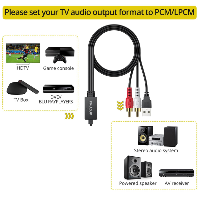 PROZOR 192kHz Optical to RCA Male Converter 6ft Cable | Built-in Audio Amplifier Chip Digital to Analog Audio Converter DAC Digital Audio Converter for HDTV Amp Blu-Ray DVD PS3 PS4