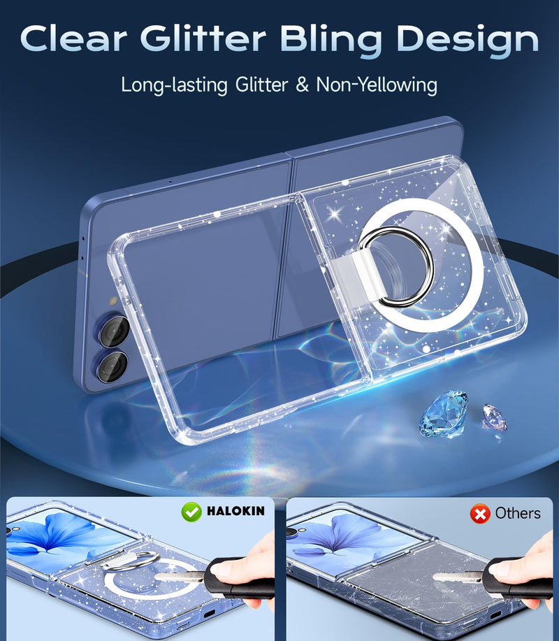 for Samsung Galaxy Z Flip 8 Case Magnetic, Z Flip8 with Ring, Glitter Clear | Compatible with MagSafe, Military Drop Protection, Glitter Bling Sparkly, Slim Fit Hard PC Rugged Case for ZFlip 8 for Samsung Galaxy Z Flip 8
