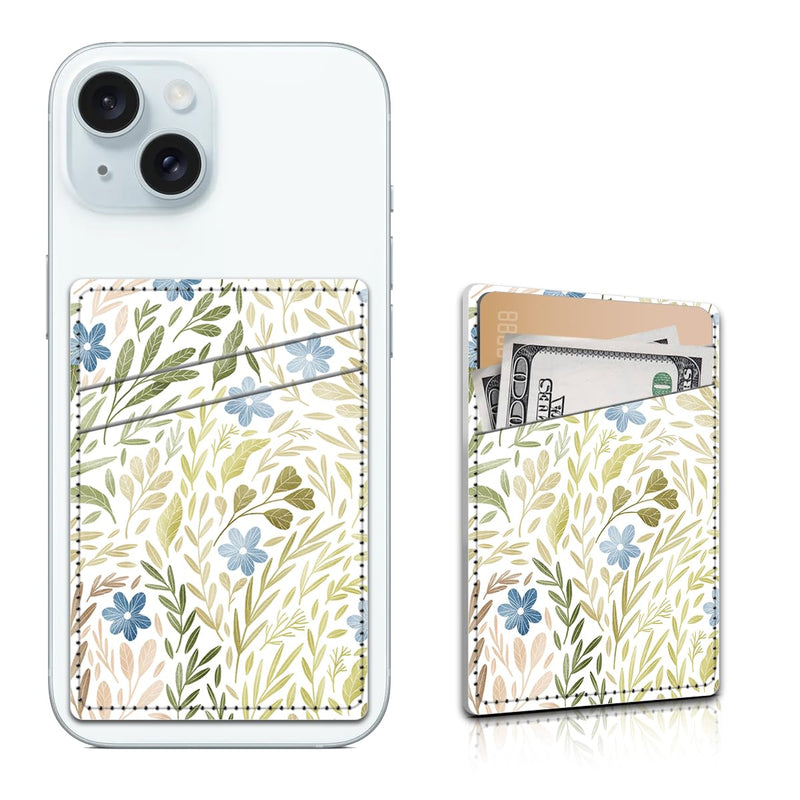 Card Holder for Phone Case, Leather Cell Phone Wallet, Wallet Sleeve Dual Pocket Stick-on ID Credit Card for Most Phones, Boho Leave and Flower