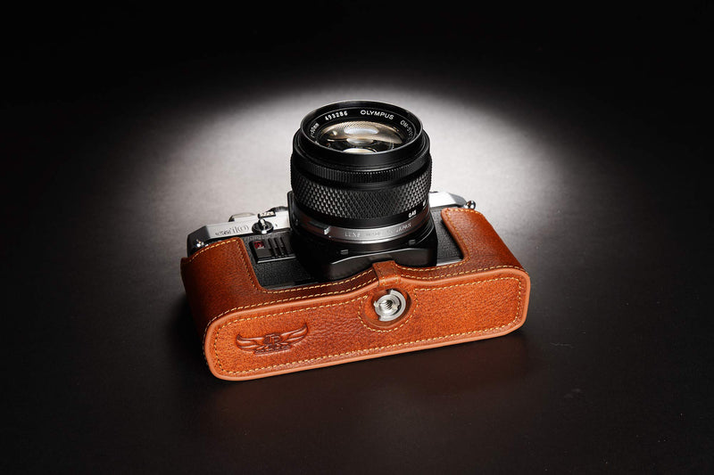 OM30 Case, BolinUS Handmade Genuine Real Leather Half Camera Case Bag Cover for Olympus OM10/30(with Handle) OM20(No Handle) Camera with Hand Strap (LavaBrown) LavaBrown