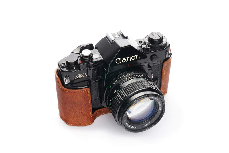 A-1 Case, BolinUS Handmade Genuine Real Leather Half Camera Case Bag Cover for Canon New AE-1 AE-1P A-1 (with Handle) Camera with Hand Strap (LavaBrown) LavaBrown