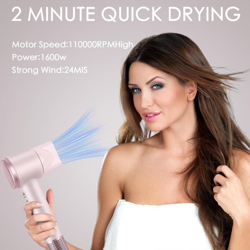 Hair Dryer 200 Million Negative Ionic Hairdryer,3 Speed 4 Heat Setting,110, 000 RPM High Speed Brushless Motor Blow Dryer，with Magnetic Nozzle，51dB Low Noise Travel Hairdryers for Women and Men (Pink) Pink