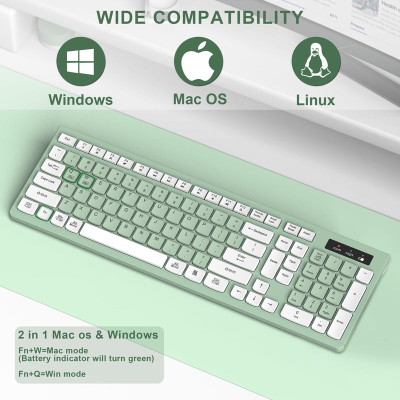 RECCAZR Wireless Keyboard Silent for Office and Home(Avocado Green) | 2.4G Full Size Silent Cordless Keyboard with Tilt Legs for Windows/Mac OS/Desktop/Laptop/PC Avocado Green