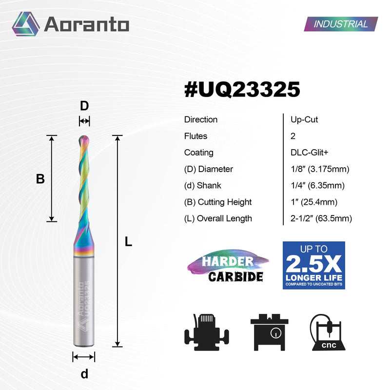UQ23325 1/8" Ball Nose CNC Router Bit 1/4" Shank, Industrial Quality Extra Long Life Coating Carbide Up Cut Round Nose Spiral End Mill for Wood Carving 1/8 Dia x 1 Inch CL 2 Flute, 2 Pack 1/8"Dia x 1/16"R x 1"CL x 1/4"SHK